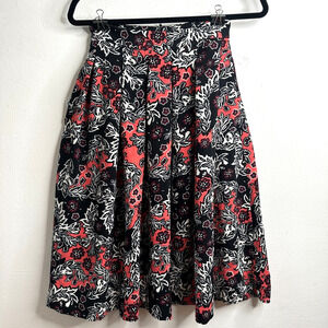 NWT H&M Flare Floral Print Peach Black & White Pleated Midi-Skirt Pockets 2